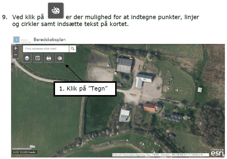 Ved at klikke på paletten, har du mulighed for at tegne punkter, linjer og cirkler, samt indsætte tekst på kortet.